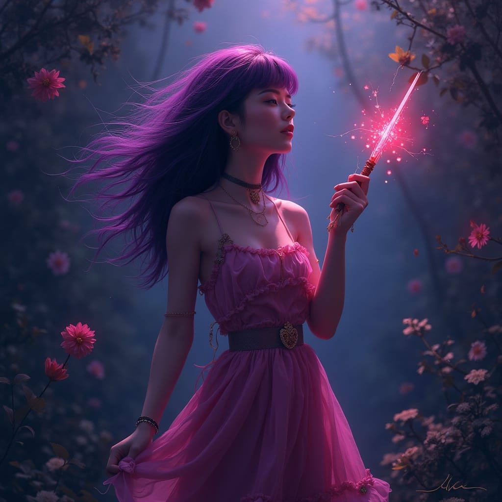 Yumi the Vocalist with Sword in Neon Cyberpunk Style