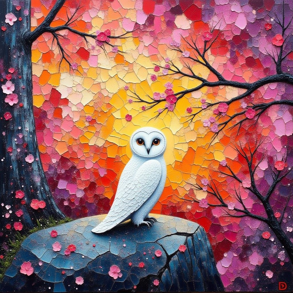 Impasto Sunset with Wise White Owl