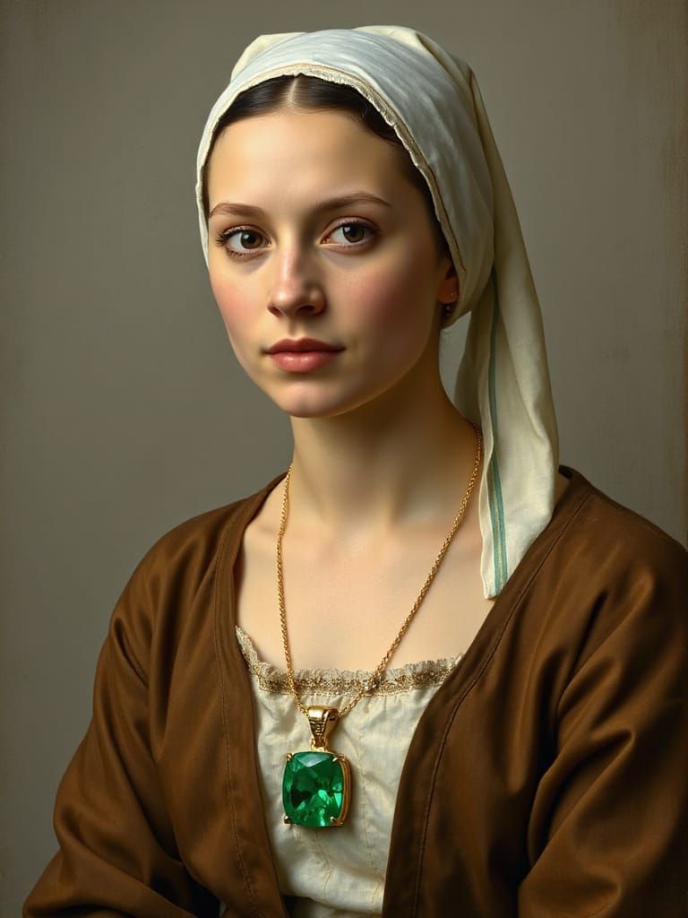 Young Woman with Emerald Necklace in Vermeer Style