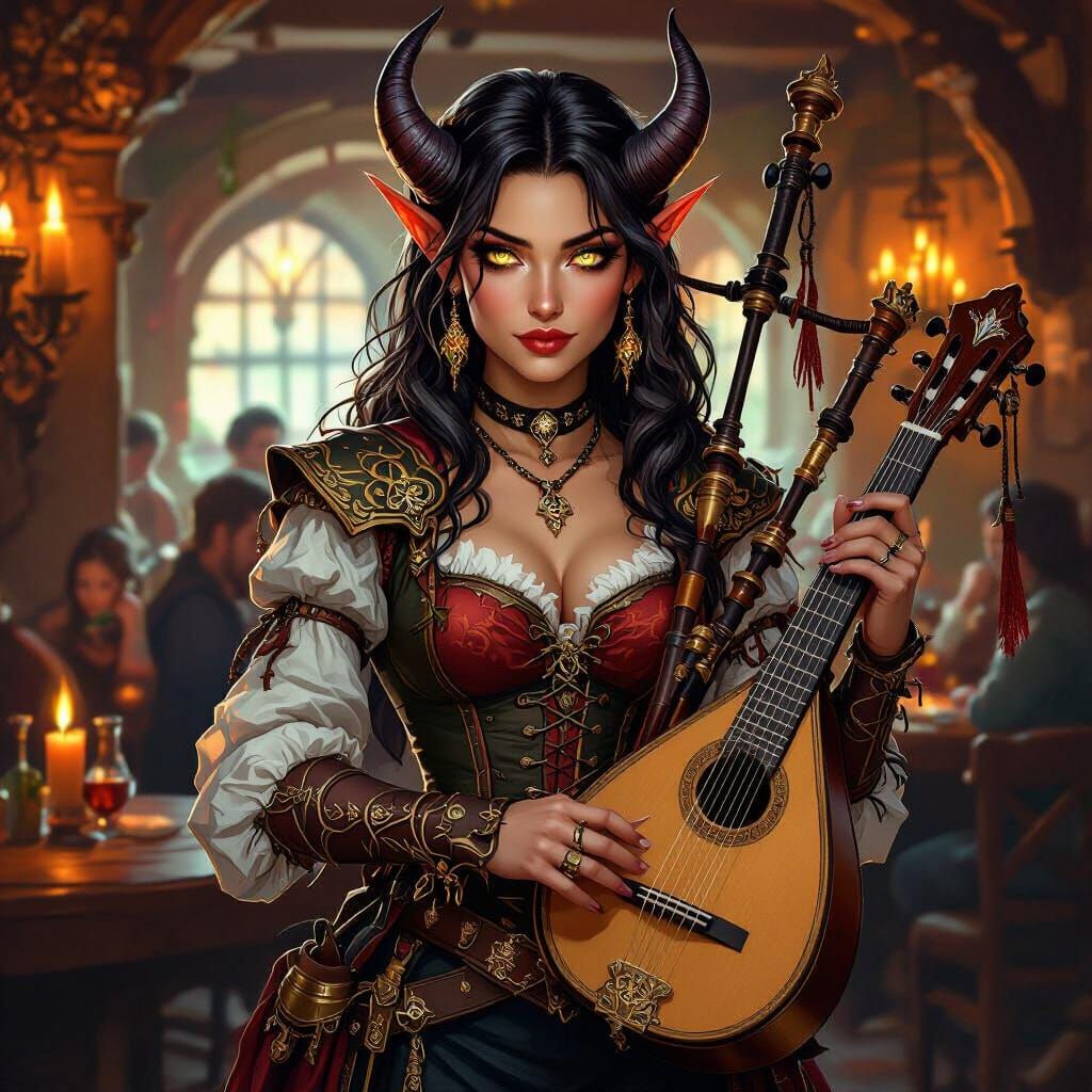 Tiefling Bard with Lute and Bagpipes in Candlelit Tavern