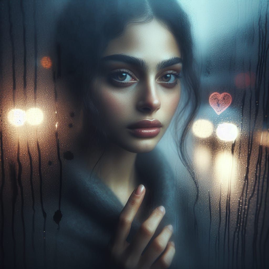 A melancholic portrait of a young woman gazing through a rain-streaked window, her delicate face softly illuminated by d...