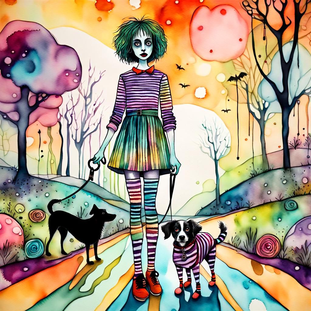 Beetlejuice-Inspired Whimsical Scene with Woman and Dog