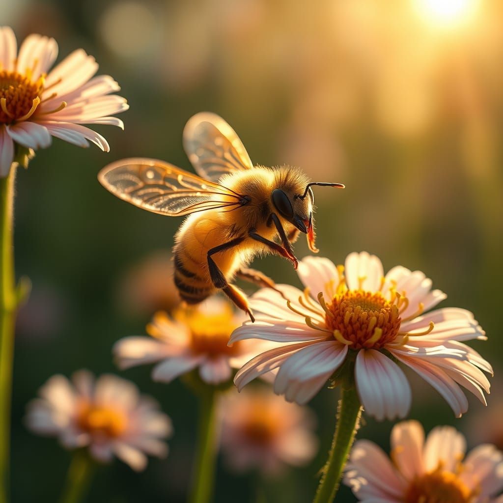 Hyper-Realistic Bee in Sun-Dappled Garden