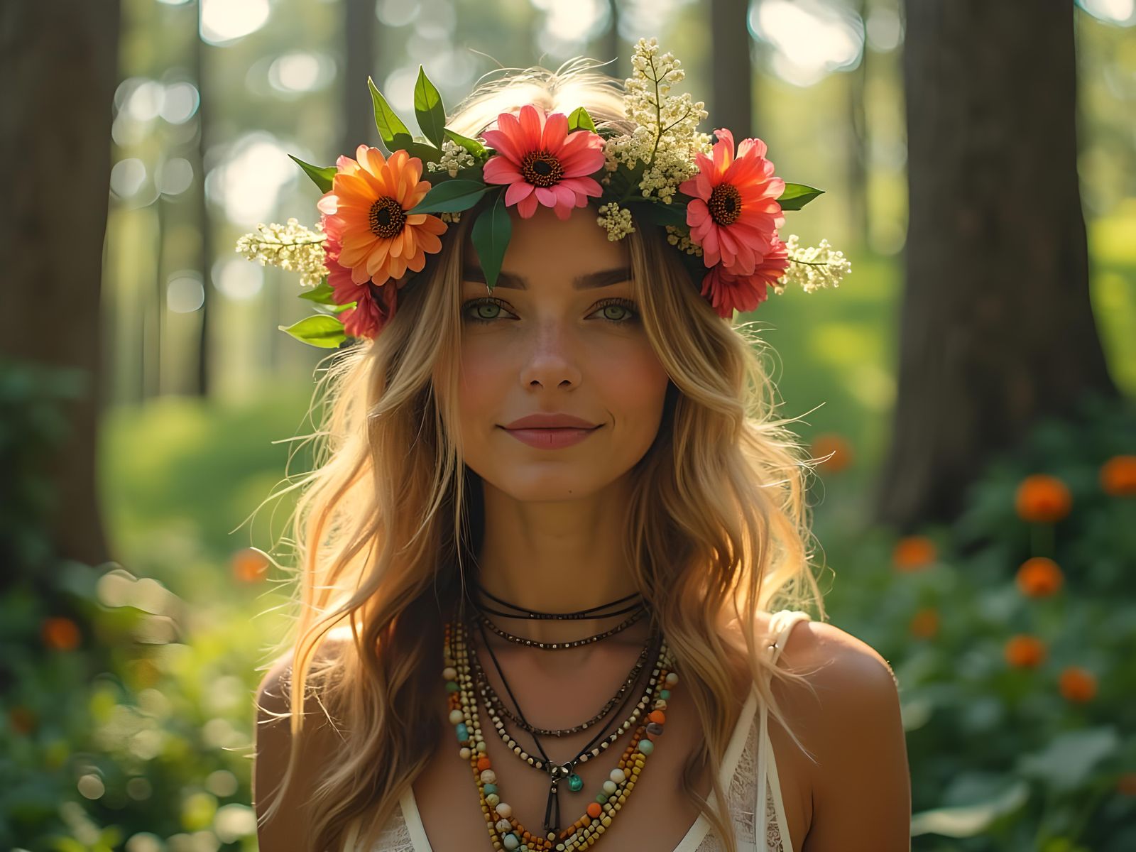 Bohemian Woman with Flower Crown in Peaceful Setting