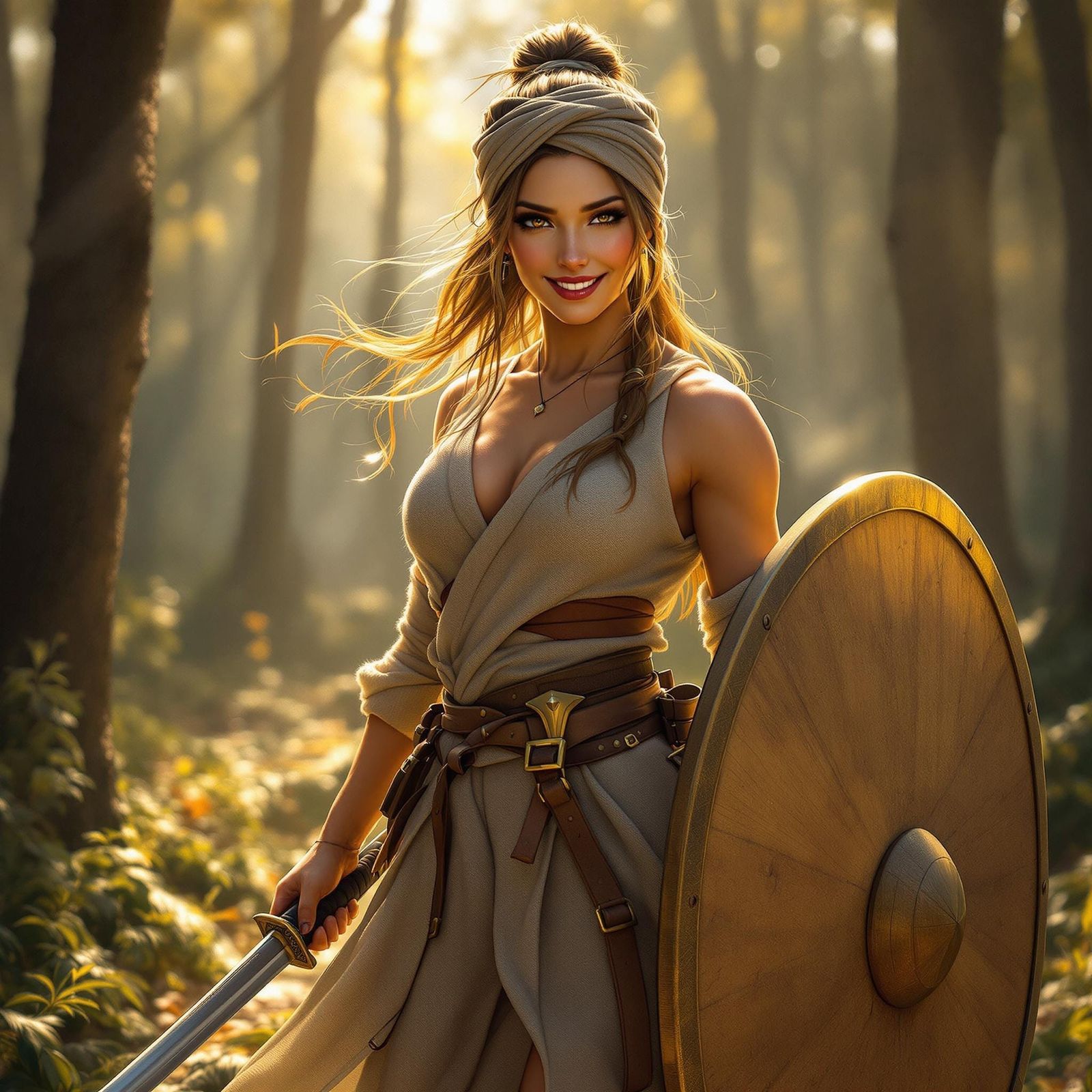 Warrior Woman in Forest Clearing, Hyperrealistic Style