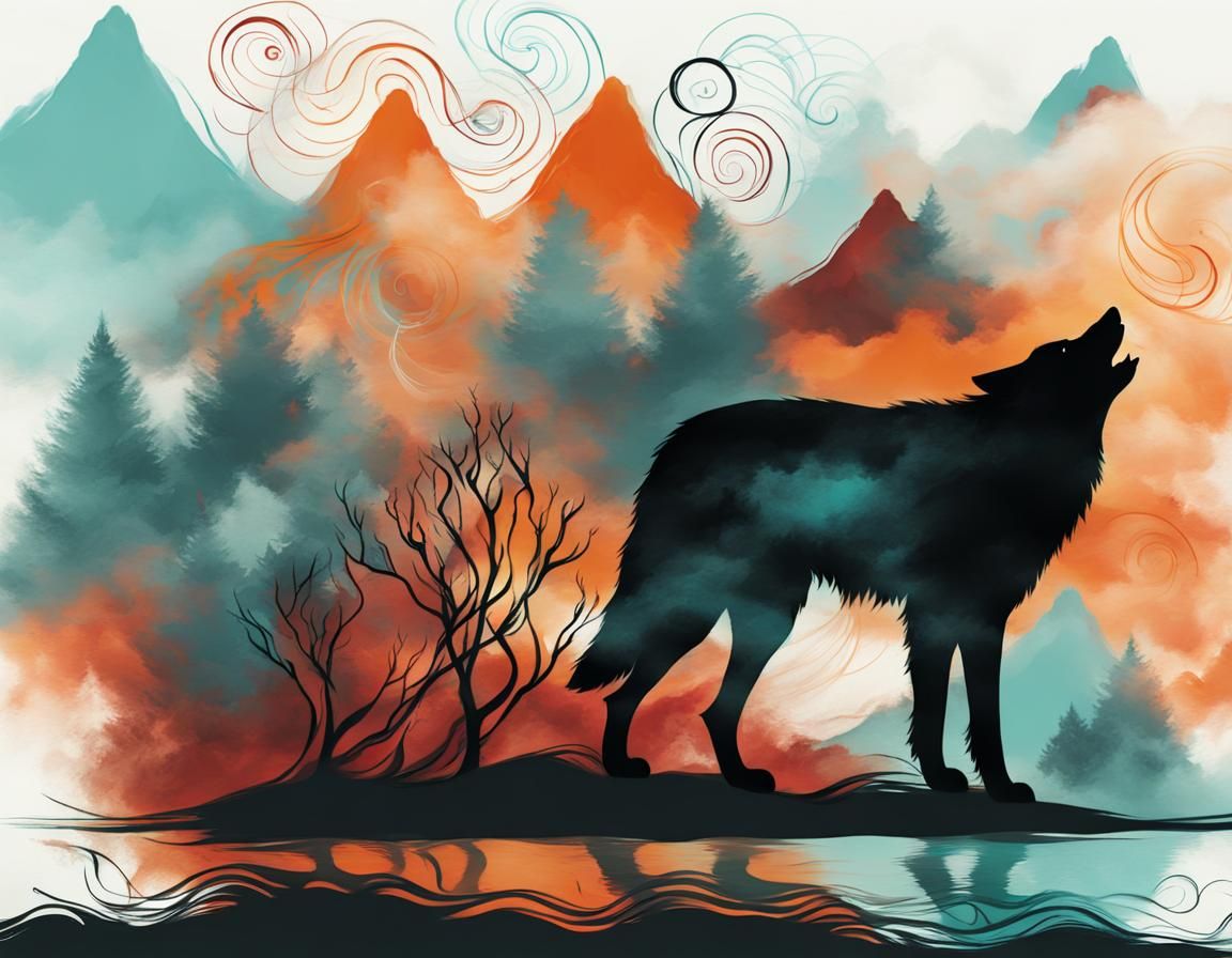 Abstract Howling Wolf Portrait in Ink Art Style