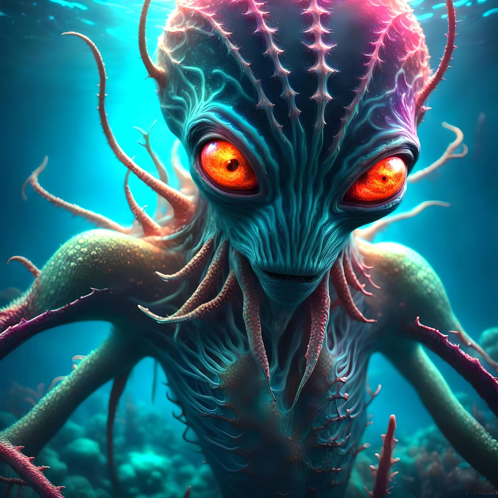 Macabre Alien in Vibrant Neon Surrealism