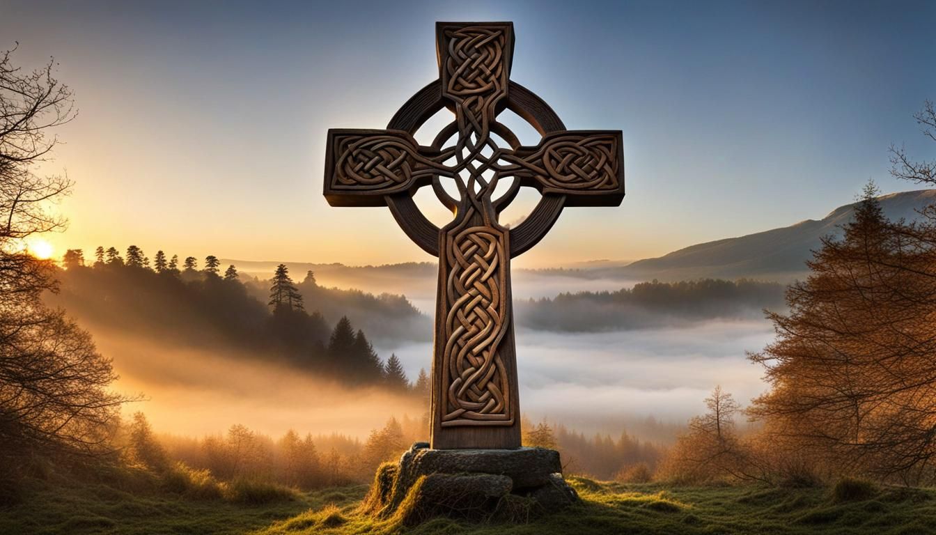 Celtic Cross of Wood in a Celtic Forest