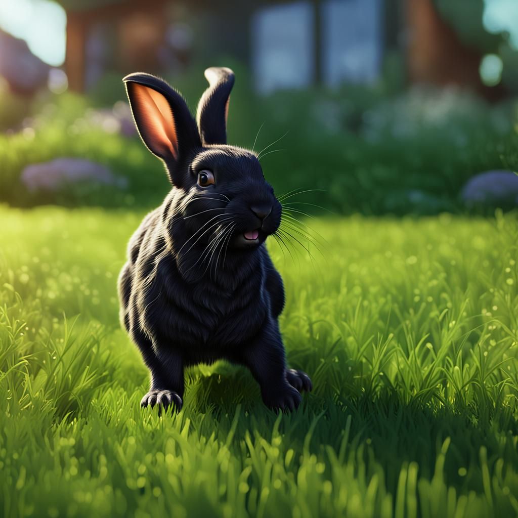 Hyperrealistic Rabbit Hopping on Green Lawn in Sunlight