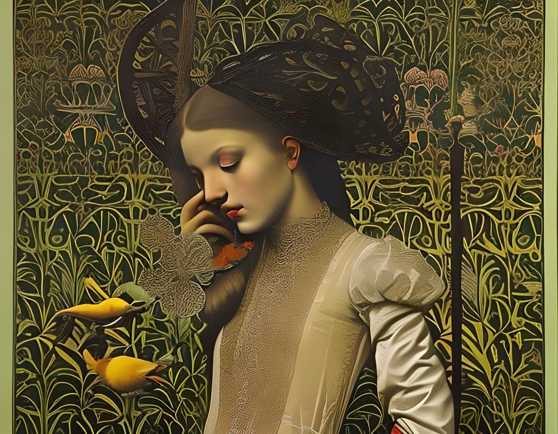 Medieval Girl in Secret Garden, Classical Art Style