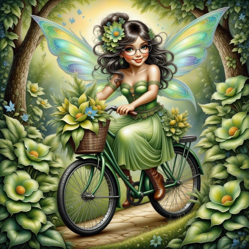 Whimsical Fairy Rides Bicycle through Hosta Lilies in a Drea...