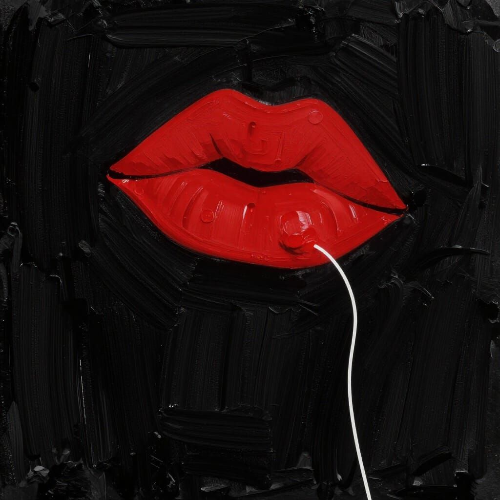 Abstract Red Lips Line Art on Black