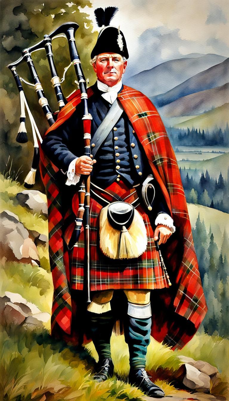 Scottish Highlander Piper Watercolor Painting