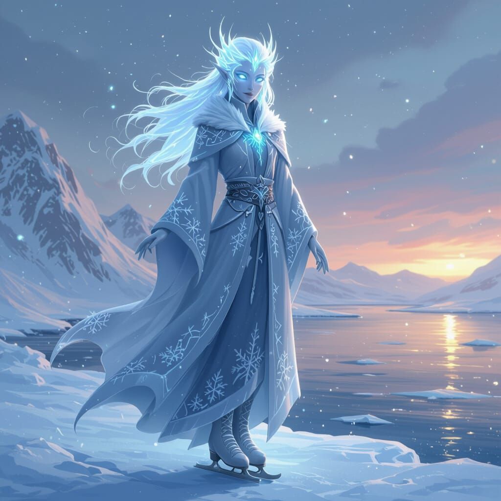 Mystical Ice Spirit on Frozen Fjord in 2D Style