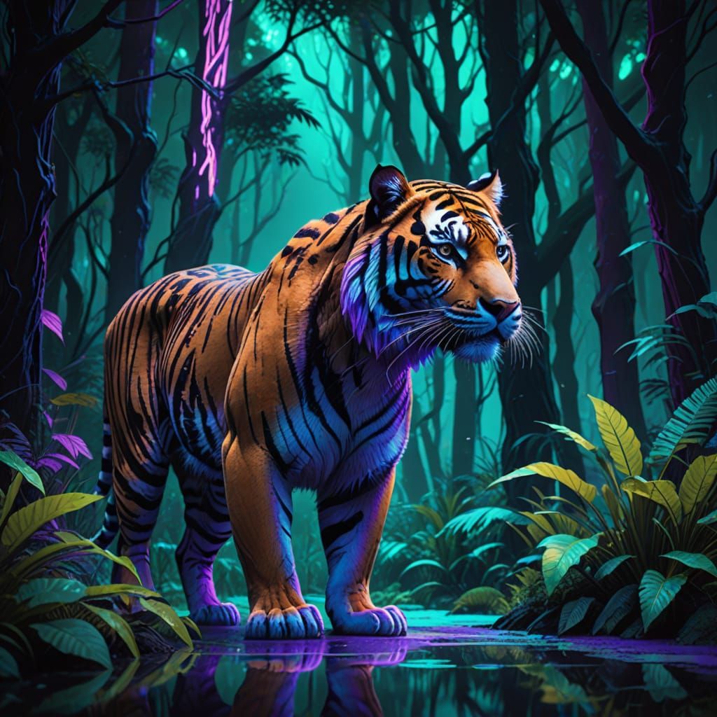 Majestic Tiger Strolls Through Glowing Moonlit Forest