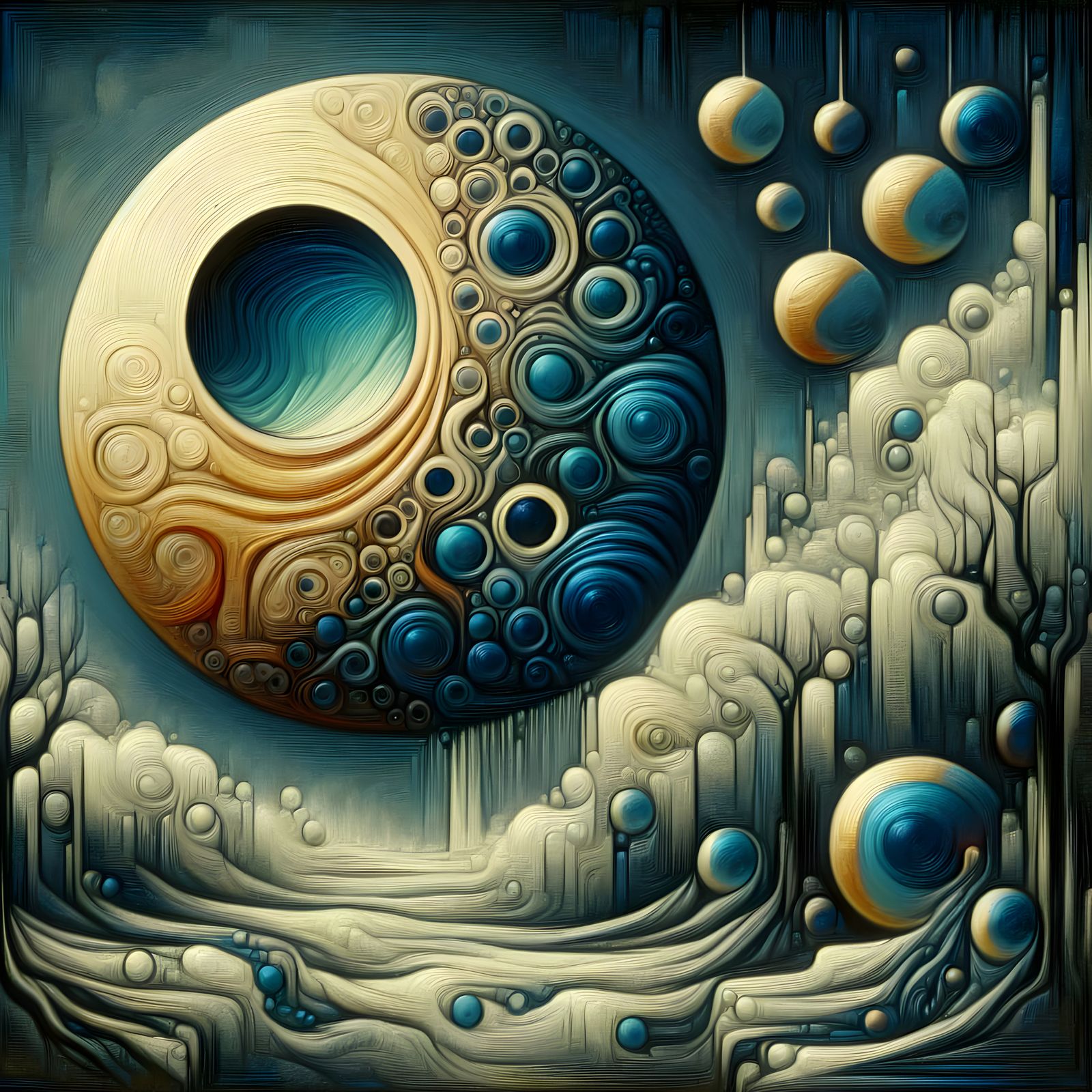 Eerie Moonlit Scene with Melting Objects, Surreal Oil