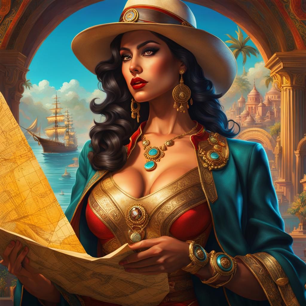 Attractive Señorita with Treasure Map, Hyperrealistic Art