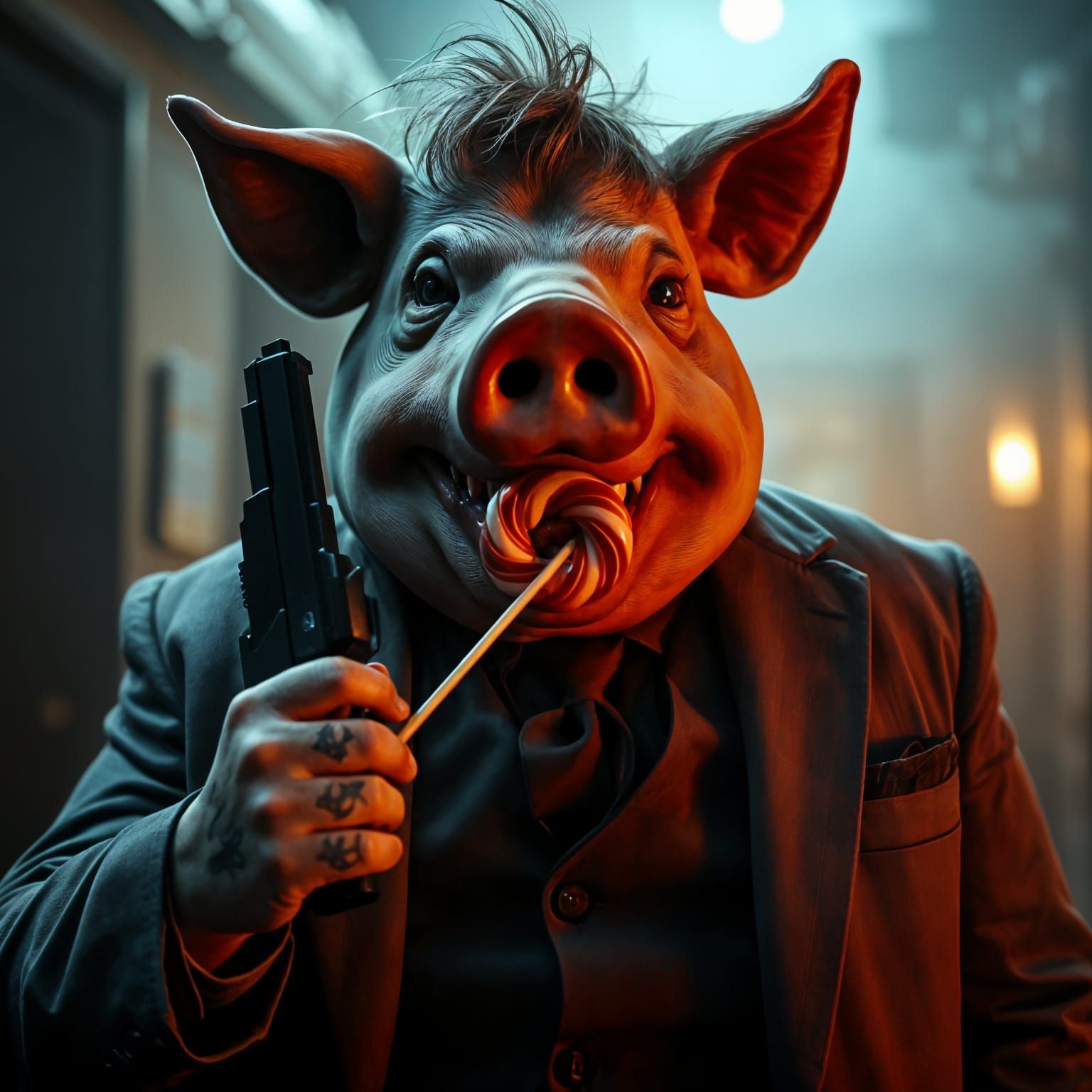 Noir Pig-Headed Man with Gun and Lollipop