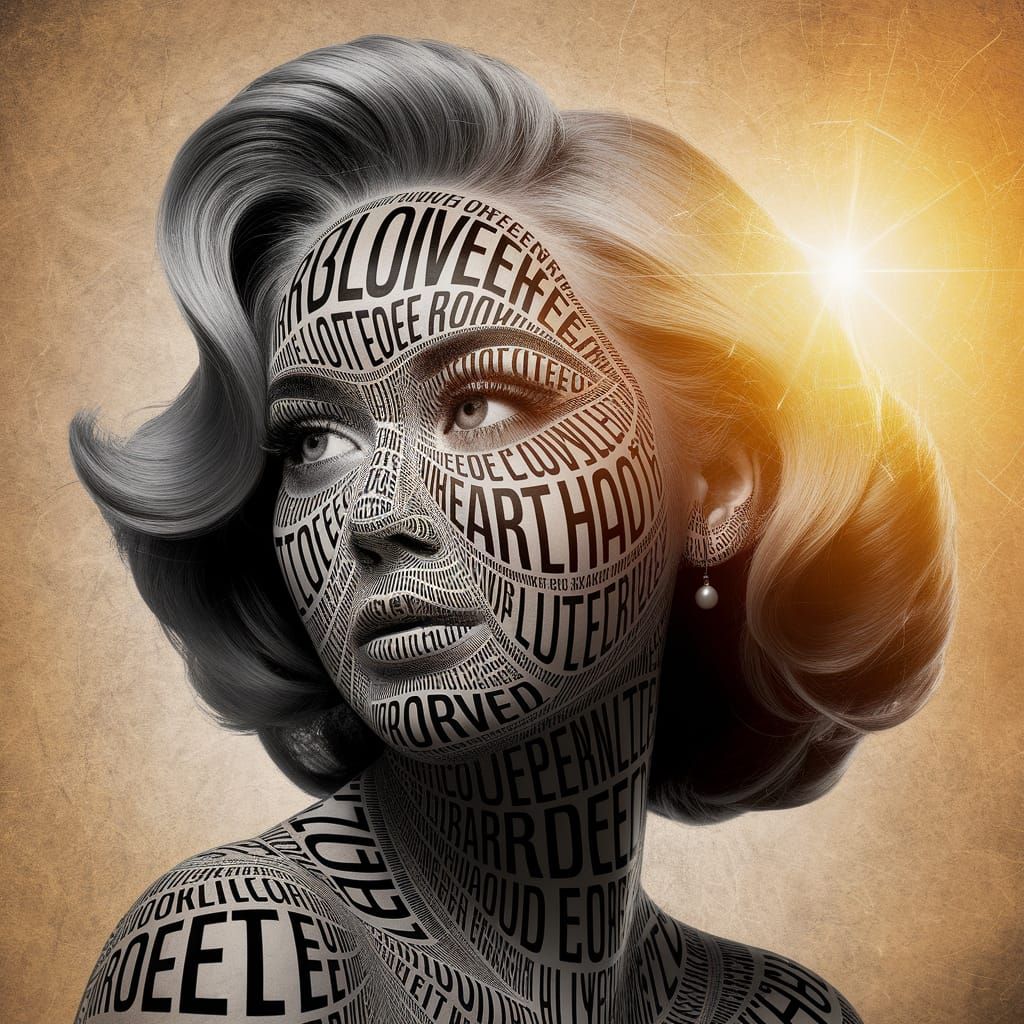 Woman's Face Crafted from Words in Black & White Op Art Styl...