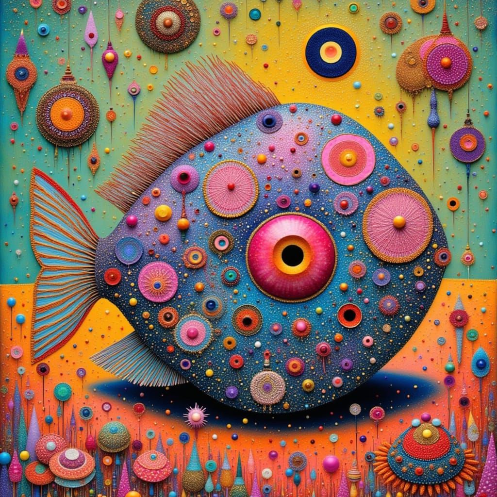 Whimsical Pufferfish Collage in Mixed Media Style