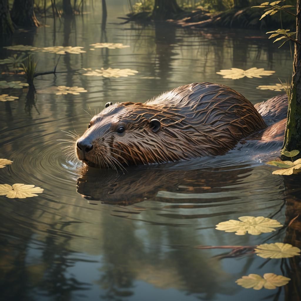 European Beaver Swimming in Forest Pond: 3D Wildlife