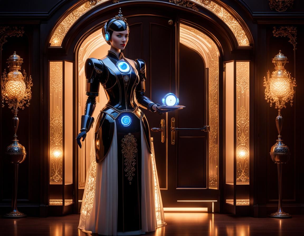 Female Robot Butler with Visible Electronics