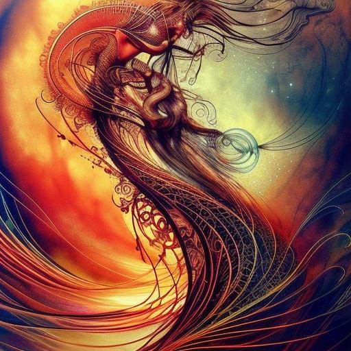 Beautiful Woman in Flowing Acrylic Ink Fantasy