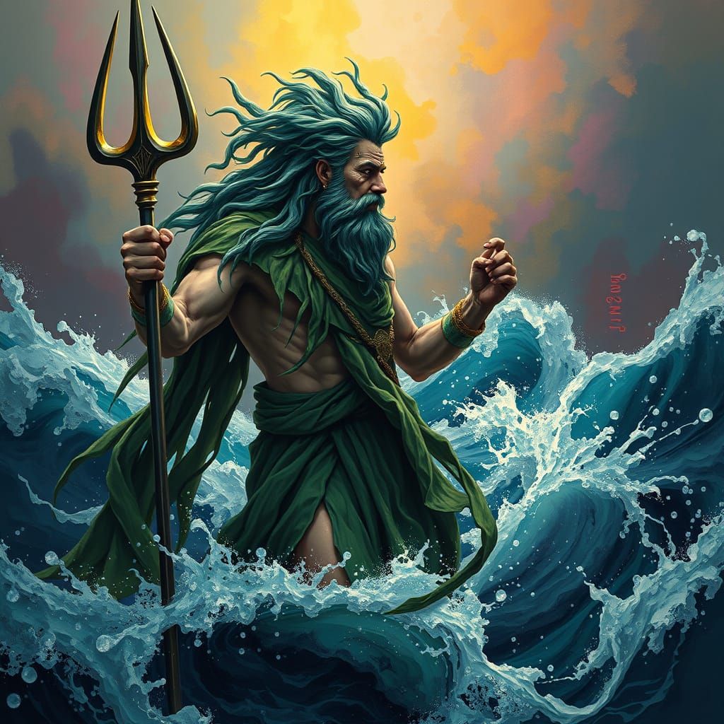 Poseidon Commands the Turbulent Ocean in Hyperrealistic Styl...