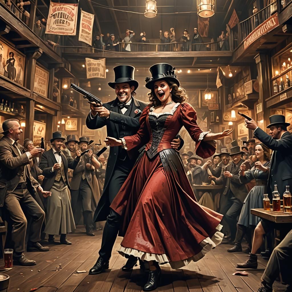 Miniature Man Dances with Giant Woman in Saloon