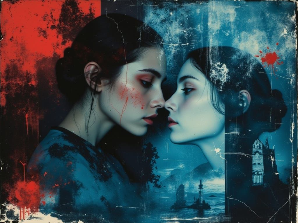 Surreal Love Scene in Submarine Interior, Double Exposure Ar...