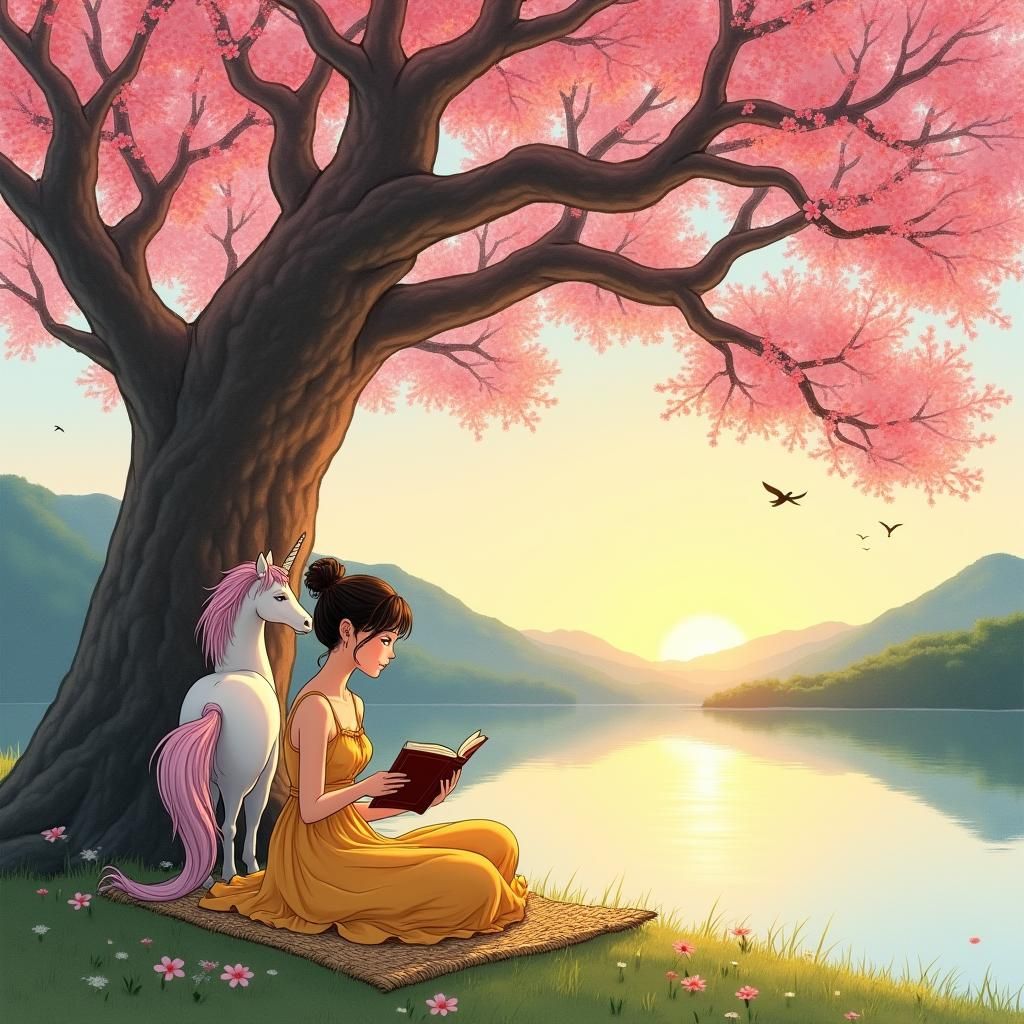 Sakura Sunset Scene with Reader and Unicorn