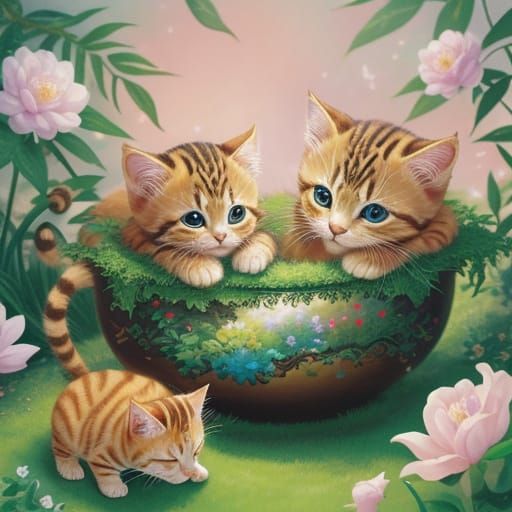 Baby Cats Play in Enchanted Anime Garden