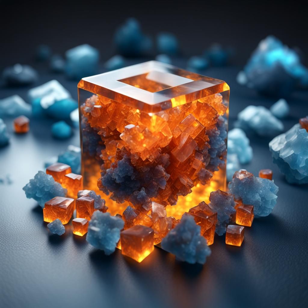 Wulfenite Crystals on Blue Fluorite Cube: Detailed Matte Pai...
