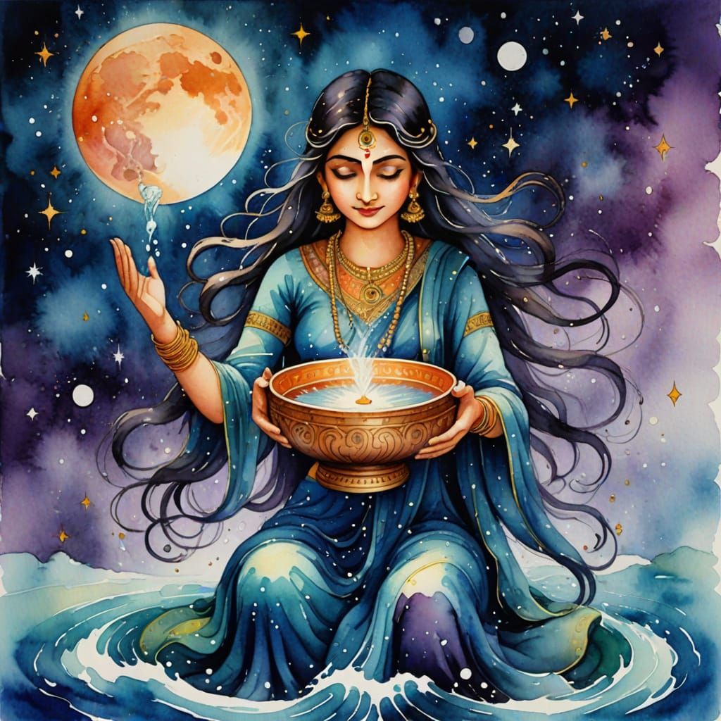 Celestial Watercolor of Purva Ashadha Nakshatra Pouring Apas