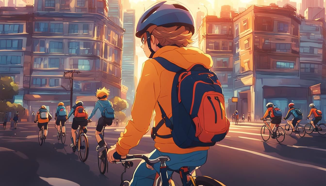 Vibrant Anime Cityscape with Cyclists