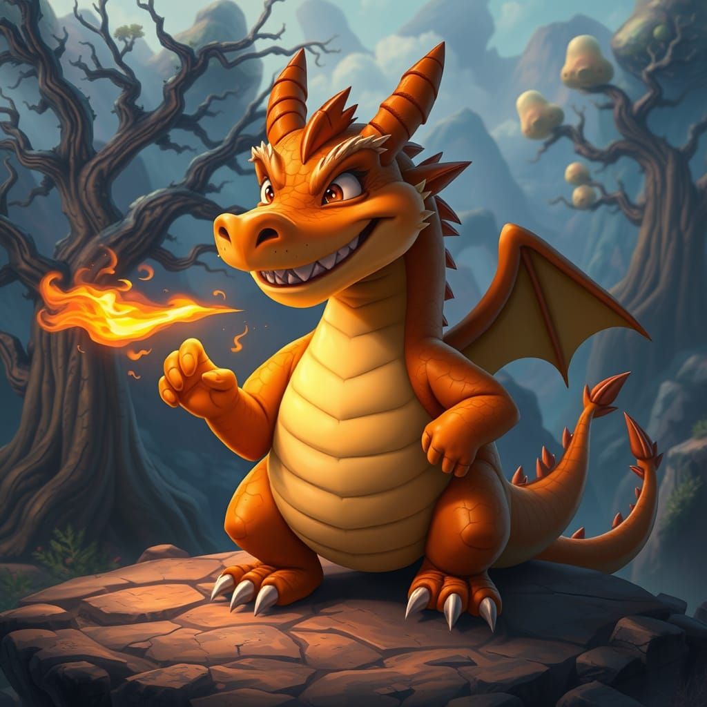 Chubby Dragon Smiles with Joy and Flickering Flames