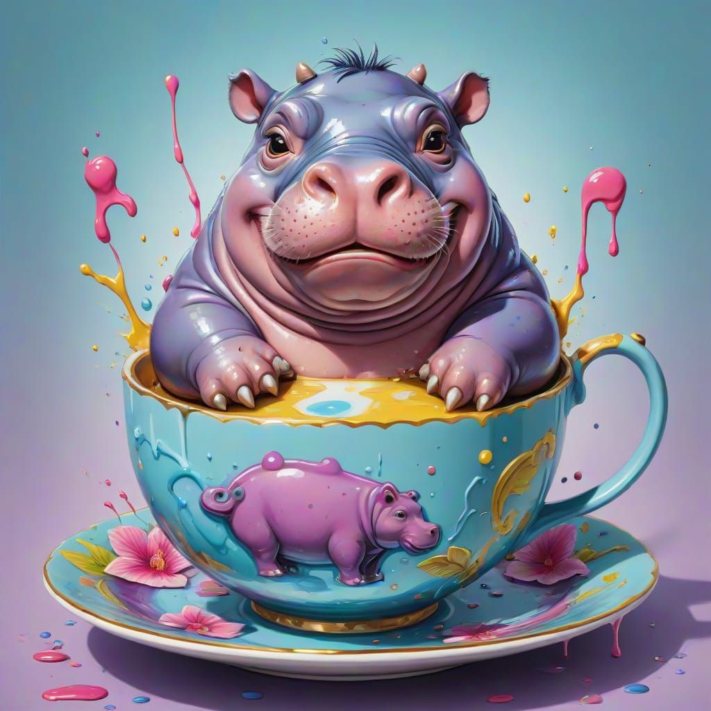 Vibrant Hippopotamus Surpasses Delicate Teacup