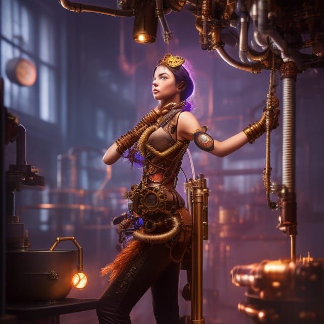 Steampunk Girl in Laboratory, Detailed Digital Art