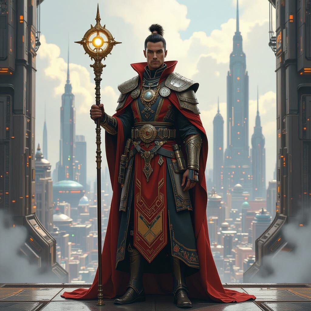 Heroic Figure in Utopian Cityscape, Futuristic Style
