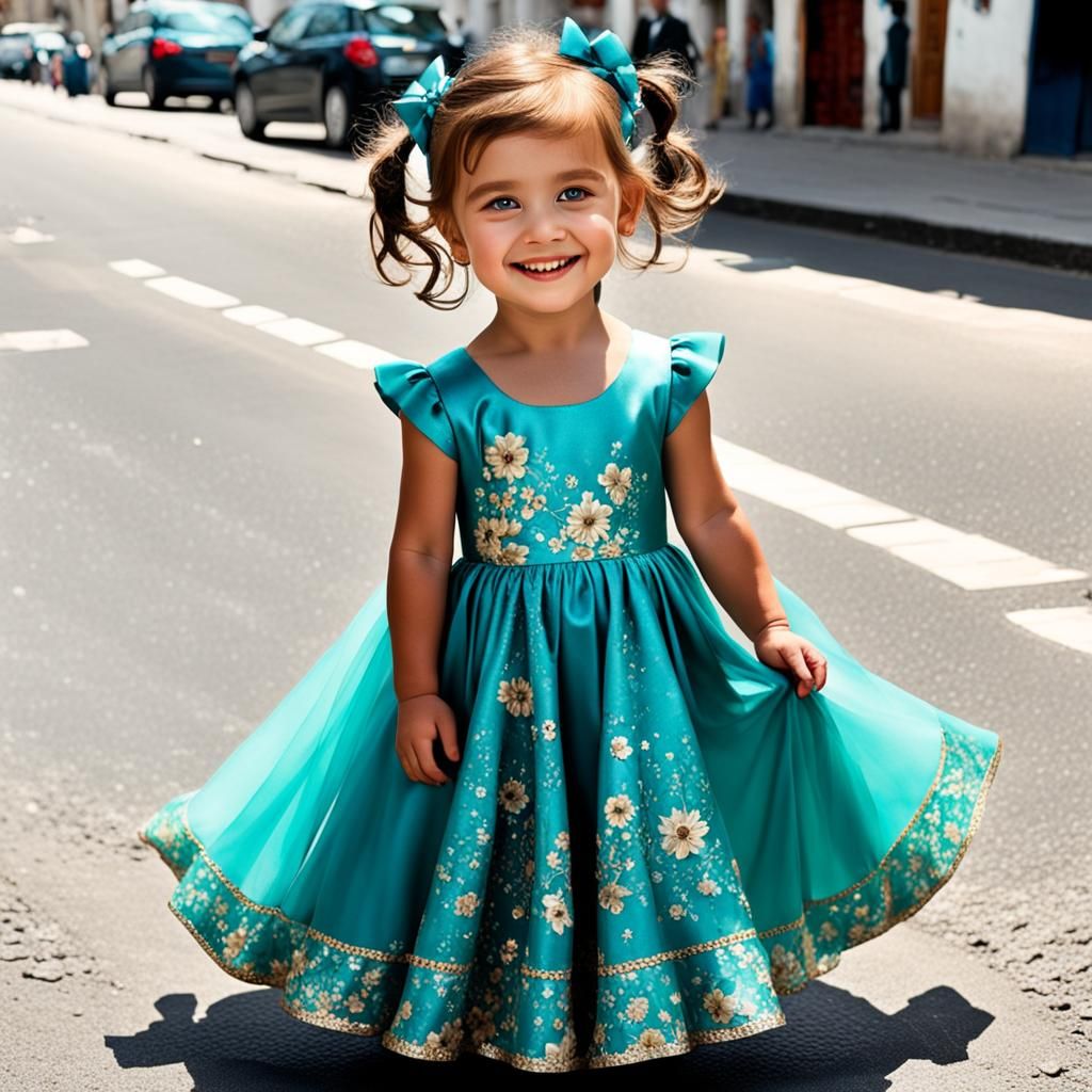 Happy Girl in Elegant Dress Sitting Down