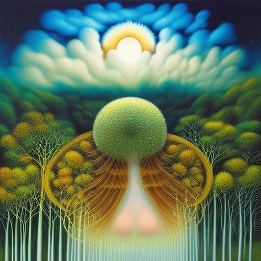 Surreal Woman in Sun and Moon Clouds: Fairytale Art