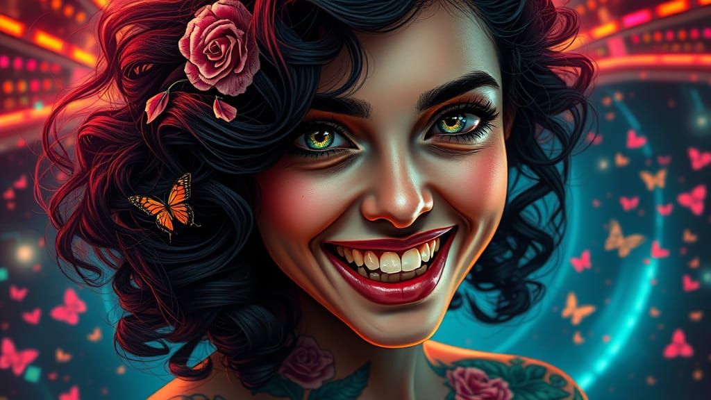 Hyperrealistic Cyberpunk Goddess with Whirlwind Neon Backgro...