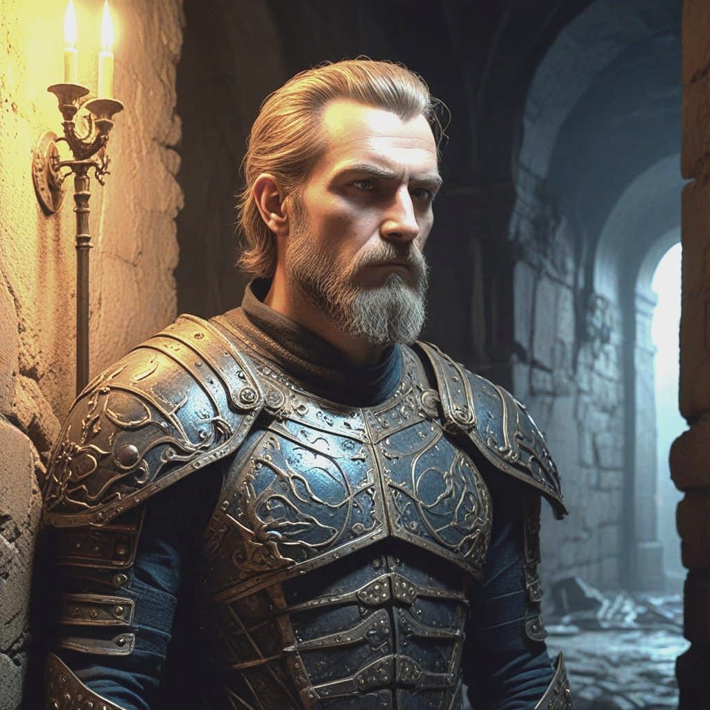 King Illuminates Dark Castle Halls in Armor, Surrounded by W...