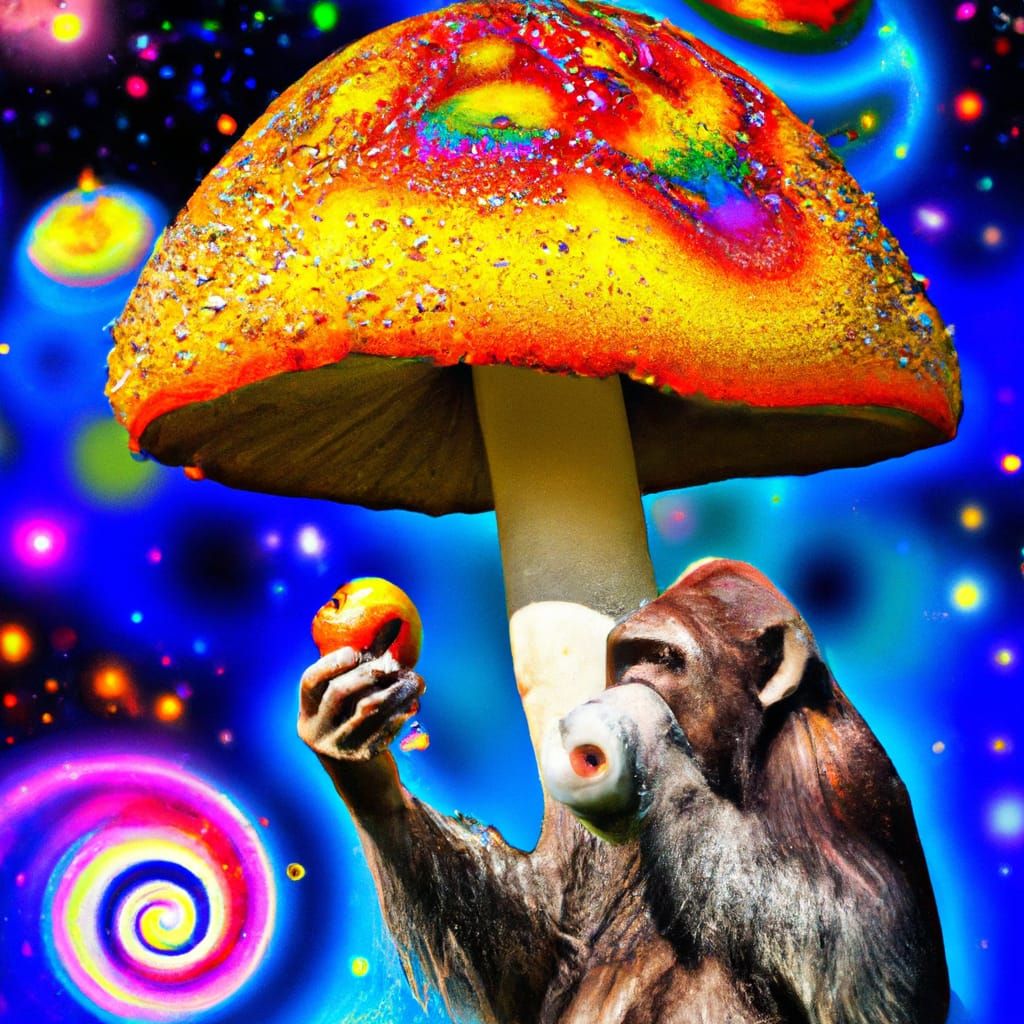 Chimpanzee Enjoys Mushroom in Psychedelic Fine Art