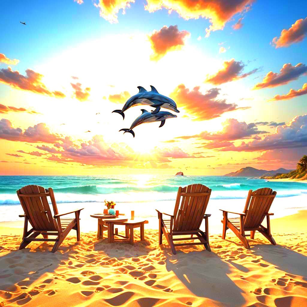 Beach Sunset with Dolphin in Fantasy Art Style