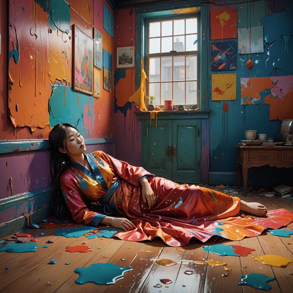Chinese Girl Surrounded by Vibrant Paintings in Hyper-Realis...