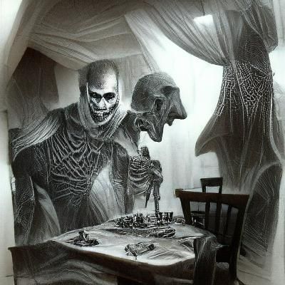 Skeleton and Dracula Dinner Party, Charcoal Drawing