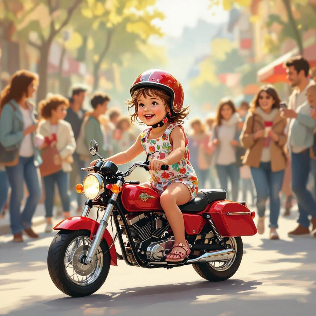 Joyful Child on Red Motorcycle Among Diverse Crowd