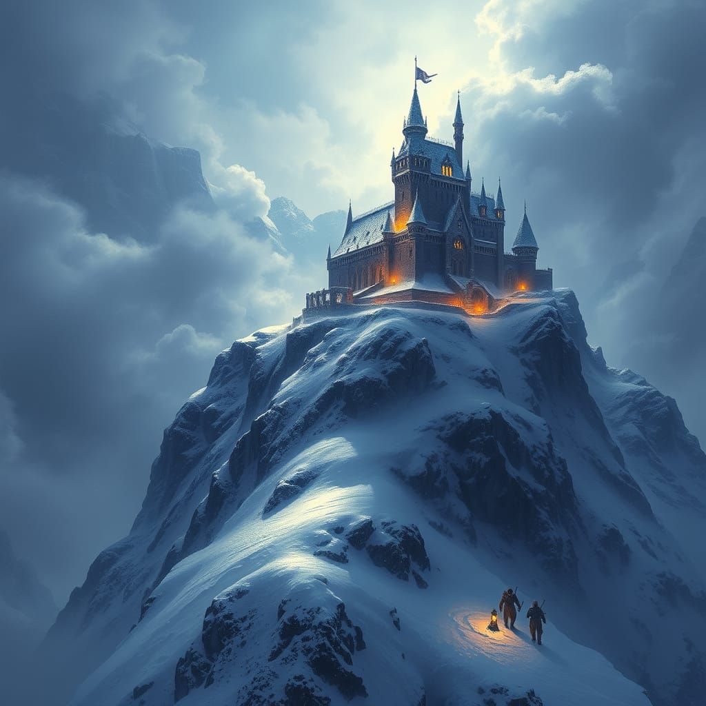 Majestic Snow Castle on Mountain Peak in Matte Painting Styl...