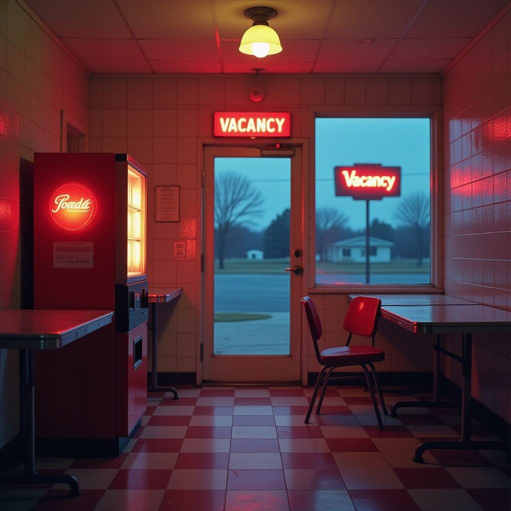 Abandoned Motel Laundry Room with Red Soda Machine Glow